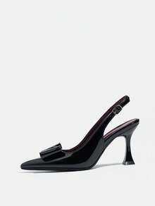 2026新款金属扣防滑红底尖头不对称高跟女鞋，弹性后跟闭趾优雅女士运动鞋 - 黑色 - 查看 4