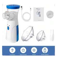 Nebulizador, Nebulizador portátil, Termometro infrarrojo y oximetro dedo, Máquina de nebulización para adultos y niños, para problemas respiratorios, máscaras de nebulización Nebulizador de malla, Hidratación facial - Azul y blanco - Ver 6