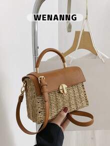 夏季新款编织女士单肩包，时尚拼接包，草编钱包，草编沙滩包，沙滩必备，沙滩用品，夏季必备单品，藤编包，夏季度假包，沙滩钱包，夏季完美之选，适合度假和日常使用，旅行必备 - 卡其色 - 查看 1