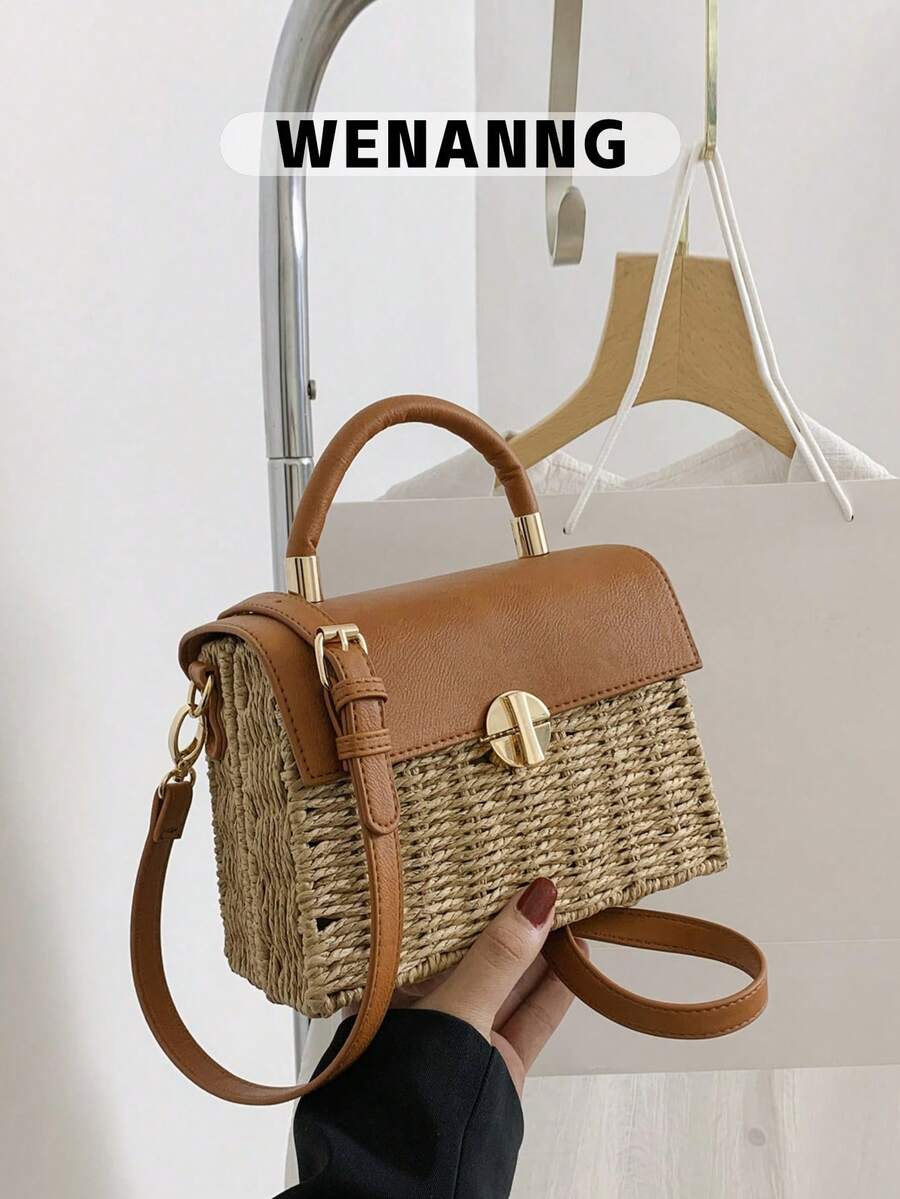 夏季新款编织女士单肩包，时尚拼接包，草编钱包，草编沙滩包，沙滩必备，沙滩用品，夏季必备单品，藤编包，夏季度假包，沙滩钱包，夏季完美之选，适合度假和日常使用，旅行必备 - 卡其色 - 查看 1