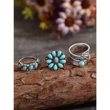 5pcs Vintage & Fashionable & Exquisite Bohemian Style Leaf, Flower, Geometric & Turquoise Ring Set For Women Western Jewelry Valentines,Mom,Mother,Mother's Day,Gift - 復古銀色 - 查看 3