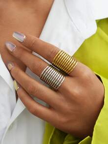 Frminee 2pcs/1pc 18K Gold Plated Chunky Statement Gold Stainless Steel Ring For Women, Hypoallergenic Wide Stack Ring, Accessories For Women - Multicolor - View 3