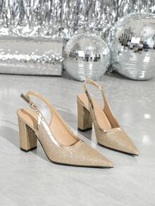 新款优雅尖头高跟鞋，闪耀金属光泽，性感高贵，优雅迷人，适合婚礼、晚宴、派对及日常工作穿着。时尚百搭的露跟高跟凉鞋，金色高跟鞋，银色高跟鞋，婚礼宴会高跟鞋。 - 香檳色 - 查看 5
