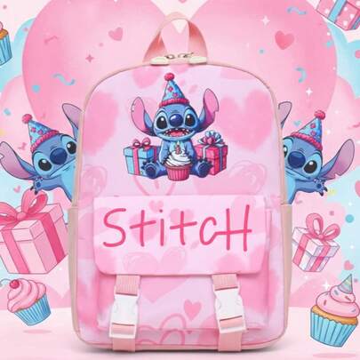 迪士尼史迪奇粉色印花背包，美观时尚双肩包，时尚日用背包，实用日常携带旅行配件，独特设计，成人青少年学生礼物，收藏品单肩包。