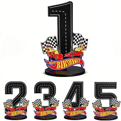 1-9岁儿童迷你扁平赛车，中央数字装饰，赛车主题生日派对用品，木质桌面摆件，拍照道具，适合男孩