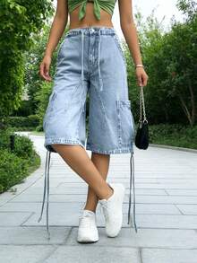 Women's Light Blue Drawstring Cargo Denim Shorts - Multi-Pocket, Loose, Slim-Fitting Capris, Street-Style Statement Mid-Length Pants - Rửa nhẹ - Xem 6