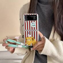 Cute Striped Elephant Foldable Phone Case With Lanyard, Compatible With Samsung Galaxy Z Flip3 5G/Galaxy Z Flip 4 5G/Galaxy Z Flip 5 5G/Galaxy Z Flip 6 5G/Galaxy Z Flip 7 5G, Soft Cartoon Foldable Screen Protective Cover - Multicolor - View 1