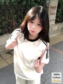 2026春夏新款短袖中长款T恤女装，时尚撞色条纹上衣 - 白色 - 查看 5