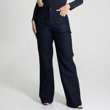 Calça Jeans Feminina Wide Leg Cintura Alta Sawary Original Escura Lycra Elastano Bolsos Confortável - Azul Marinho - Visão 7