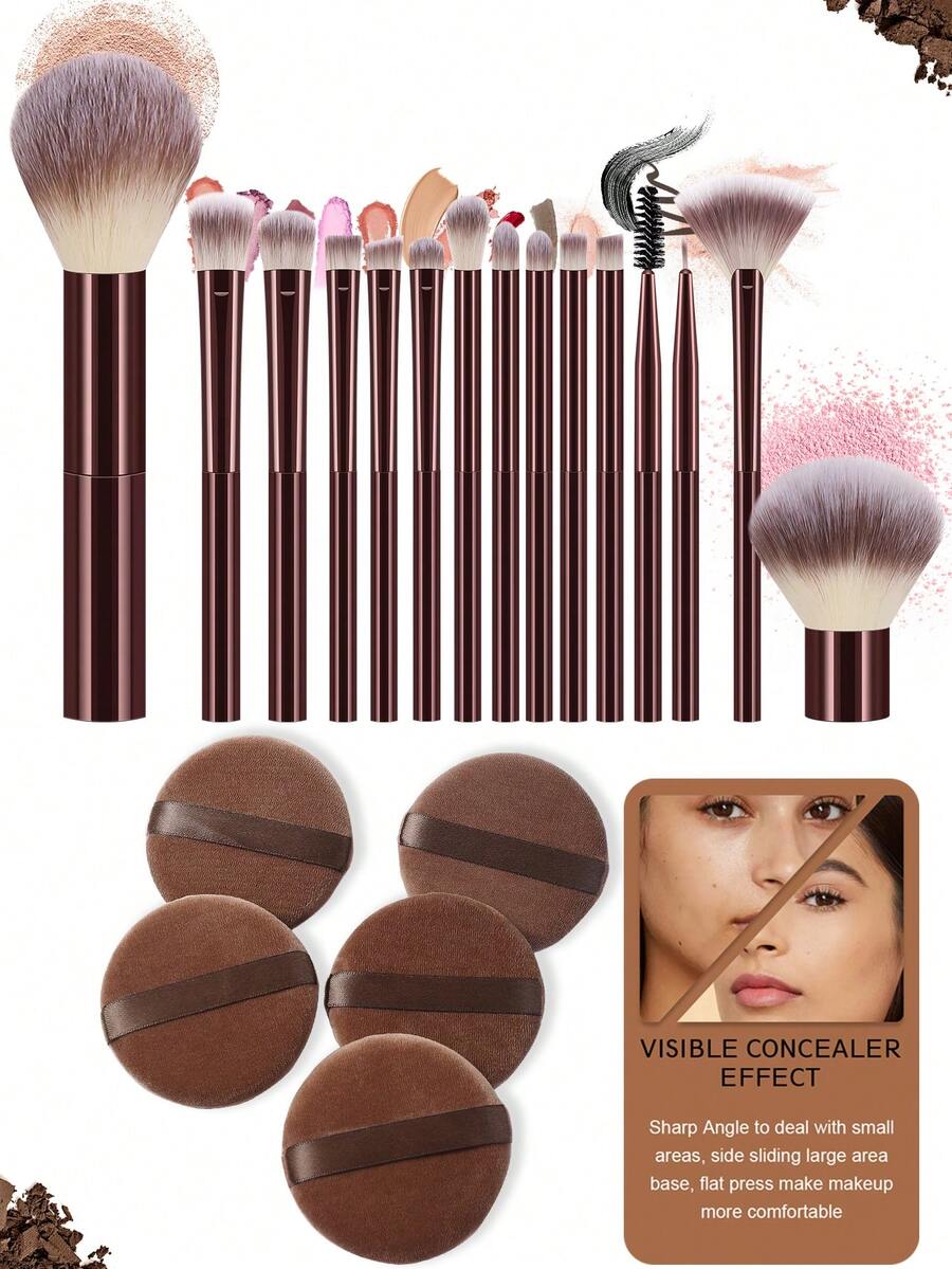 开斋节20件套化妆刷套装，包含15支柔软的化妆刷，例如散粉刷、高光刷、轮廓鼻刷、眼影刷、眉刷、唇刷和细节刷，以及5个圆形海绵，适合初学者、专业化妆师和美妆新手练习使用。 - 彩色 - 查看 1