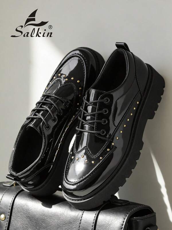 Salkin 4.5cm Thick Sole Anti-Slip Durable Men's Designer Shoes, Glossy Patent Leather With Bee Decor, Rivet Accent, Suitable For Casual, Social, Office, Party, Wedding And Other Occasions, Also Ideal For Couple Dates, Romantic Dinners, Holiday Gifts, Back-To-School Students. Recommend Sizing Up One Size.