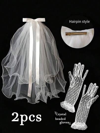 2pcs/Set Children's Butterfly Veil Wedding Bridal Veil Short Double Layer Pearl White Veil + Long Lace Gloves