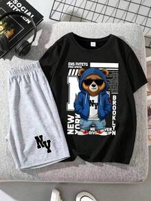 2pcs/Set Toddler Boys' Cartoon Print Outfit, Comfortable Fabric, Summer Game Party Style - Black - View 1