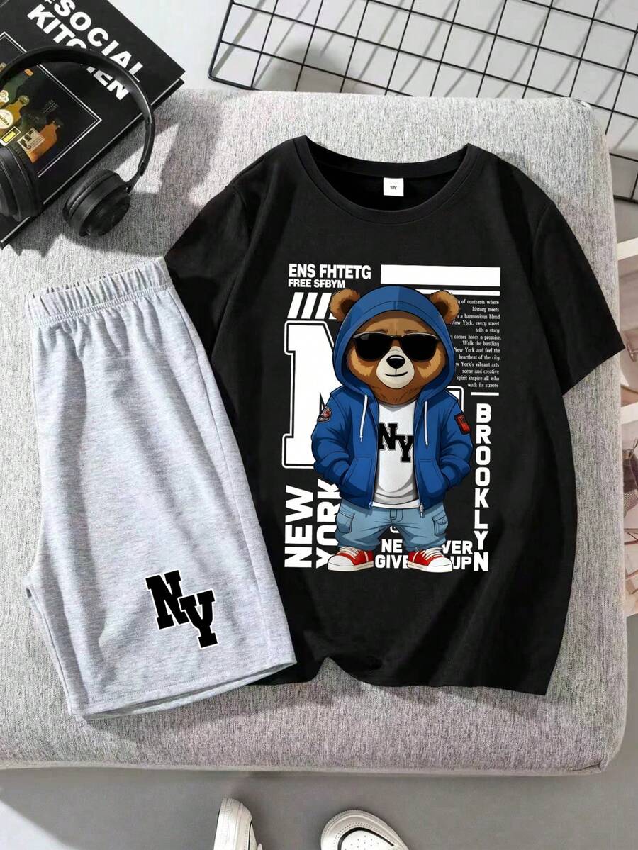 2pcs/Set Toddler Boys' Cartoon Print Outfit, Comfortable Fabric, Summer Game Party Style - Black - View 1