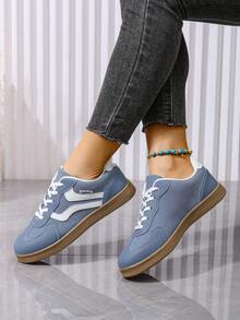 Adidași plați retro cu model patchwork pentru femei, mărime plus, stil european și american nou 2026 - Albastru - Vizualizare 2