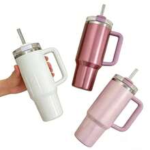 STANLEYO Stylish Multi-Color Insulated Travel Tumbler – Glossy White / Metallic Rose Gold / Shimmer Blush Pink – Double-Wall Stainless Steel Cup With Handle & Metal Straw, Leak-Proof Reusable For Coffee, Tea & Smoothies | Ideal Gift For Christmas, Halloween & More For Family & Friends - 彩色 - 查看 5