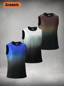 3pcs/Set New Outdoor Men Sports Fitness Gradient Sleeveless Vest, Summer Gym Workout Running Training Casual Elastic Tank Top - Multicolor - View 1