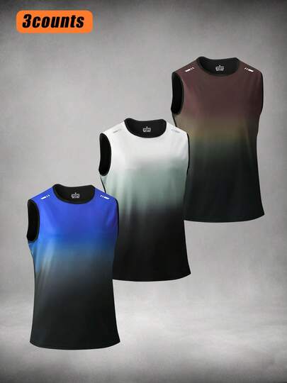 Set de 3 piezas Nuevo Chaleco sin mangas deportivo y casual para hombre, con gradiente, para gimnasio, entrenamiento, running, verano
