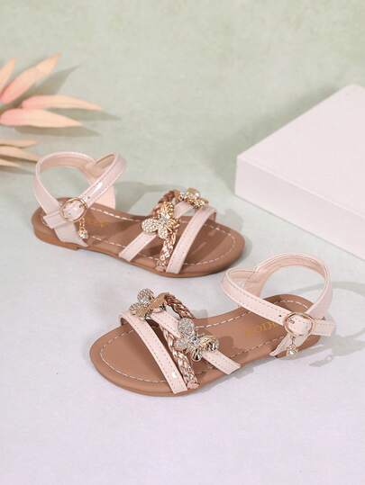 1 Pair Summer Bowknot Princess Shoes, Fashionable And Versatile, Made With Woven Craftsmanship Flat Sandals, Soft Sole , Comfortable For Outdoor Wear