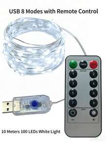 Guirlande lumineuse à LED alimentée par USB 5V, 8 modes d'éclairage avec télécommande, plusieurs tailles au choix 2M20LED 3M30LED 4M40LED 5M50LED 100LED, lampe de style flexible, décoration d'ambiance romantique pour le Ramadan, la Saint-Valentin, le mariage, la fête, la chambre, la table de chevet, la décoration intérieure de la pièce - Blanc - Voir 11