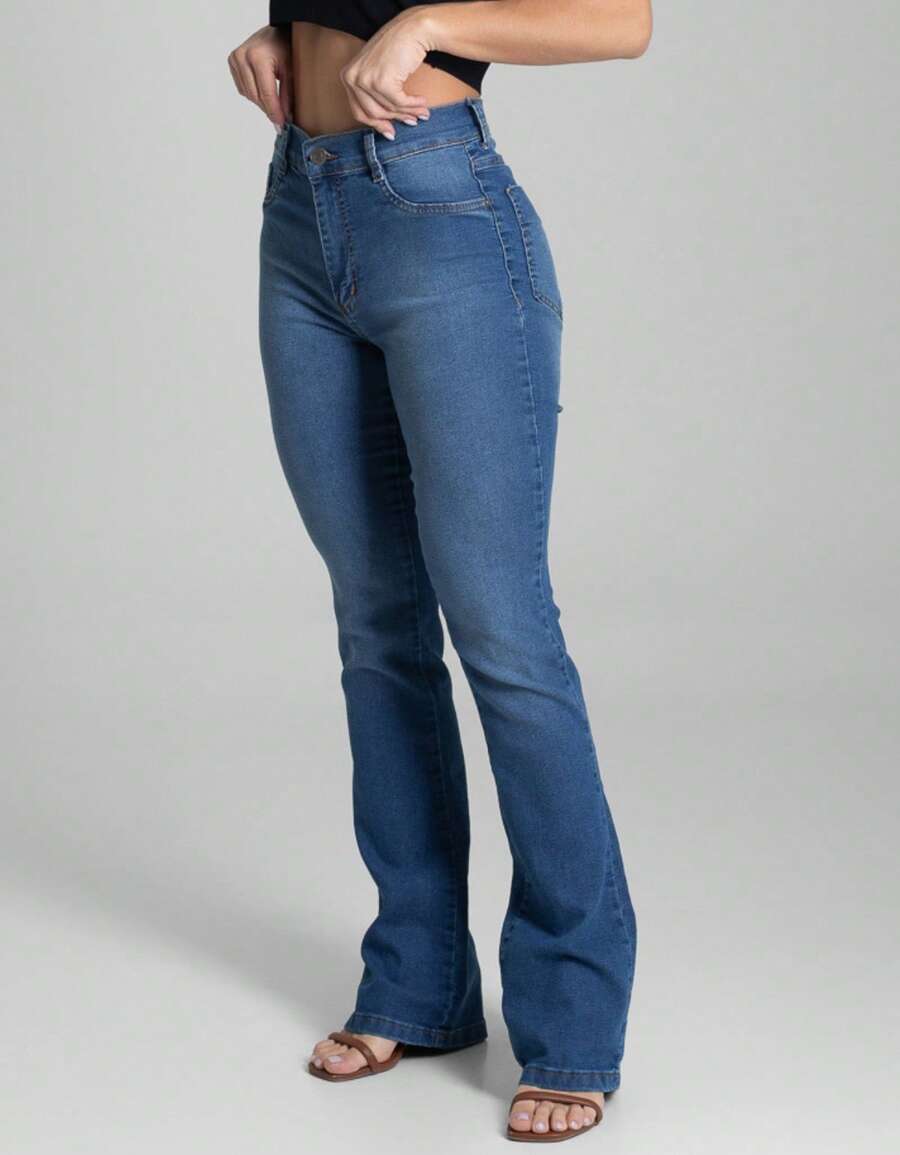 Calça Jeans Feminina Cintura Alta Sawary Flare Original Lycra Elastano Boca Sino Fler Confortável