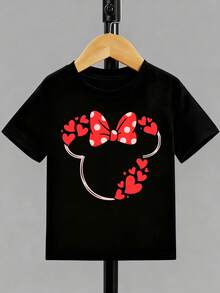 Disney Black Background Minnie Mouse Head Outline Red Polka Dot Bow Heart Print Baby Short Sleeve T-Shirt - Sweet And  Adorable Top - Black - View 3