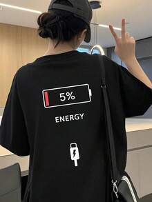 新款夏季 Z 世代 Y2K 风格女式趣味印花圆领短袖 T 恤 休闲黑色 - 黑色 - 查看 3