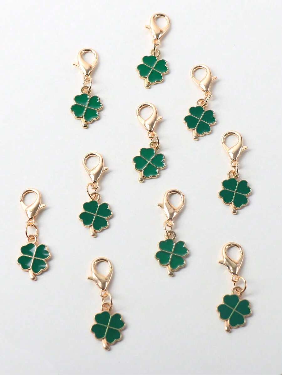 10pcs Four-Leaf Clover Green Keychains, St. Patrick's Day Hanging Buckles, Can Be Hung On Keys, Shoes, Backpacks, Lucky Clovers, Suitable For Daily Wear - Green - View 1