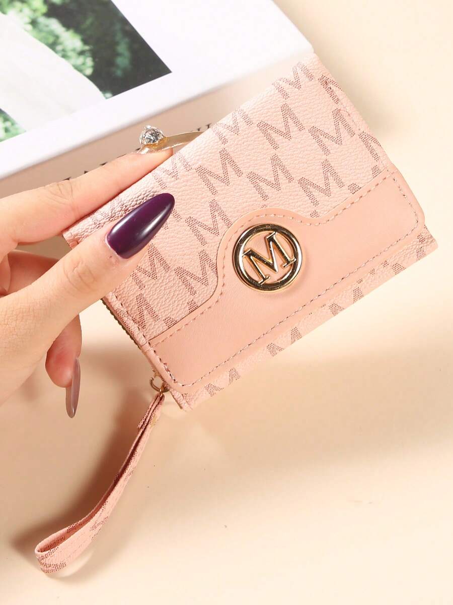 Women's Short Wallet, New Tri-Fold Zipper Coin Purse, Minimalist Fashion Jacquard Card Holder - Pink - View 1