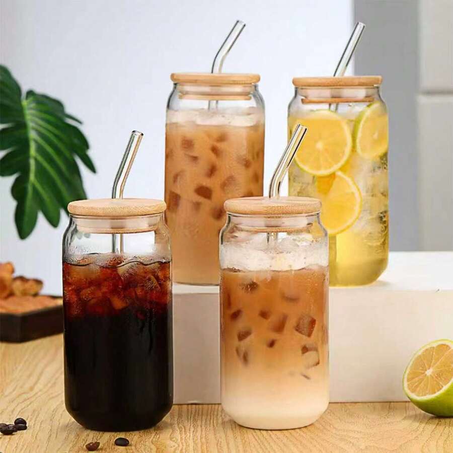 24pcs/Set Glass Cups With Lids And Straws, 16oz Glass Coffee Cups With Lids, Glass Cups With Straws And Lids, Suitable For Family Gatherings, Parties, Weddings And Mother's Day Gifts