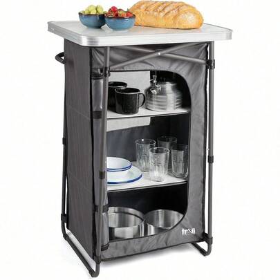 Camping Kitchen Unit 4 Shelf Storage Cupboard, Folding Portable Pop Up Shelving Cabinet, Outdoor Garden Picnic, Waterproof With Carry Bag (93cm X 60cm X 48cm)