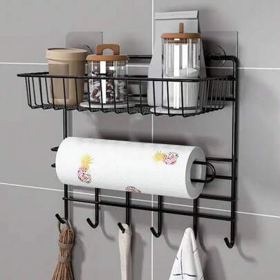 Suporte Organizador De Metal Para Parede Cozinha Ganchos e Suporte Papel Toalha