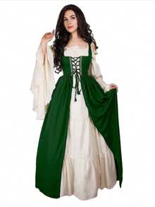 2026 Oversized Role-Playing Dress, Suitable For Costume Parties And Halloween, Flared Long Sleeves, Lace Up Corset, Medieval Women's Retro Gothic Dress, Ideal Gift For Fashion Enthusiasts, A-Line Silhouette  Knot  Lace Up  Contrast Lace    Wedding  Beach - Màu xanh lá cây đậm - Xem 8