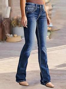 Micro Embroidered Stretch Jeans - Comfortable, Soft, Breathable, Suitable For Casual Denim Women's Wear - Màu xanh lam - Xem 1