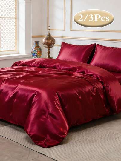 2/3件套缎面纯色被套套装，奢华舒适被套，柔软丝滑，轻盈透气，抗皱，全/大/特大尺寸（1个被套+1/2个枕套，不含填充物），四季皆宜，柔软舒适，适合单人、宿舍、学生、家庭卧室、酒店等场所，带拉链封口和枕套，多色可选，经久耐用，超大尺寸床上用品，超大尺寸被套套装，适合房间装饰、旅行和宿舍（男孩/女孩）。