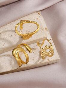 Pioneer Chic Gold Ring Set, Hammered Texture + Double Curved Layer + 3D Beaded Ring Combination, Suitable For Women's Daily Commute And Street Wear - 3-piece Set - View 4