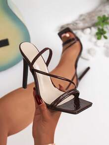 1 Pair Solid Color PU Leather High Heel Sandals, Square Toe Stilettos Stilettos For Women, Summer - Burgundy - View 1