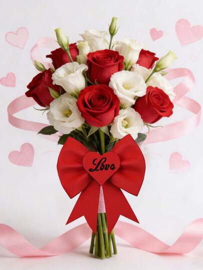 1件新款情人节爱心蝴蝶结毛绒拥抱桶花束礼品装饰