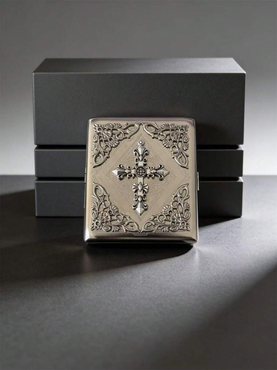 复古手工金属香烟盒 | 玫瑰花园 | 原创十字花角设计 | 可容纳20支标准长度香烟 | 耐用、美观、大方 | 送给男友、长辈和朋友的高品质礼物 - 銀色 - 查看 1