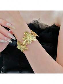 Women's Gold Cuff Collection – 1Pc Chunky Flower Upper Arm Cuff + Chunky Stackable Bangle, Adjustable Design, Delicate Vogue Style, Perfect Summer Jewelry - 金色 - 查看 7