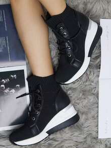 Women's Platform Lace-Up Sneakers - Black - View 3