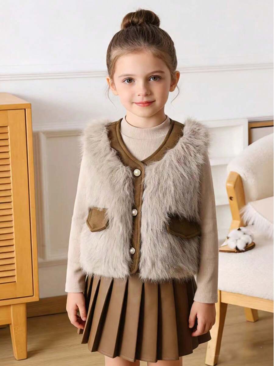 1 件女童时尚仿口袋单排扣背心厚毛绒开衫