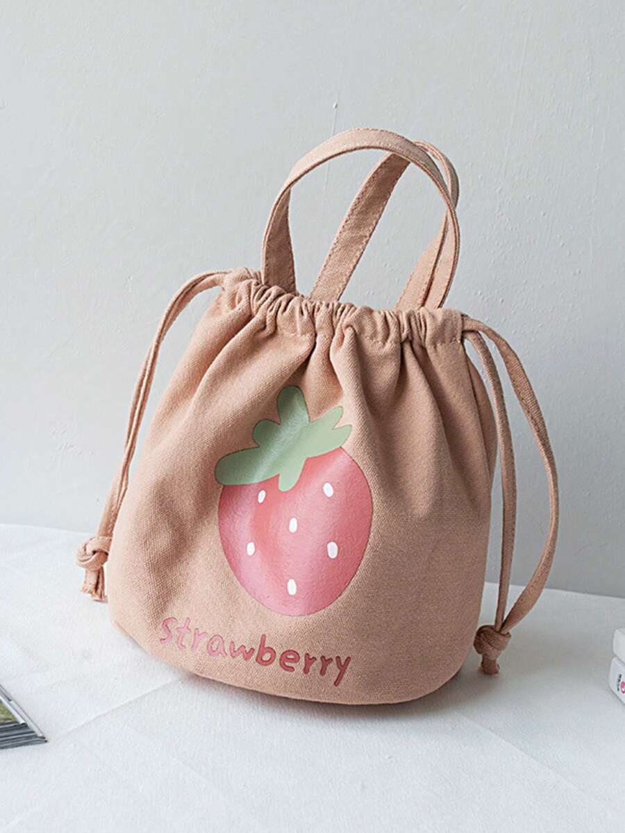 Women/Student Canvas Tote Bag, Drawstring Bucket Shoulder Bag, Multi-Function Lunch Bag - Pink - View 1