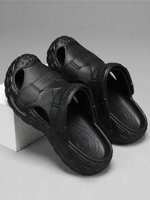 Men's Thick Sole Elevated Wear-Resistant EVA One-Piece Comfortable Slide Sandals, Solid Color Slip-On Backless Driving & Beach Sandals, Quick-Drying Comfortable Men's Closed Toe Beach Shoes - Black - View 5