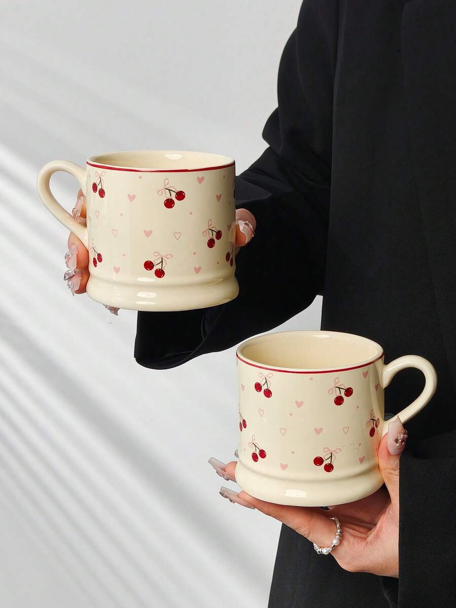 2 Stück/1 Stück Kirsch-Herz Tasse, minimalistisch elegante persönliche Kaffeetasse, Milchtasse, Nachmittagsteetasse, tägliche Wassertasse, Büro Latte Tasse, geeignet als Geschenk für Freunde, Familie und Paare, für den Innen- und Außenbereich verwendbar