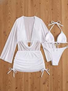 4pcs Sexy Solid Color Bikini Set With Sheer Cover-Up, Suitable For Vacation, Beach Party, Also Ideal For New Year And Valentine's Day, Exuding Elegance And Avant-Garde, Perfect Choice For Casual Women In Spring/Summer - 白色 - 查看 3