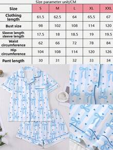 2-Piece Set - Women's Pajama Set, Loose Shorts Paired With Short Sleeved Top, Loose And Soft Casual Wear With Simple Blue Bow Print, Suitable For Daily Home, Family, Year-Round Pajama Party Wear - 藍色 - 查看 7