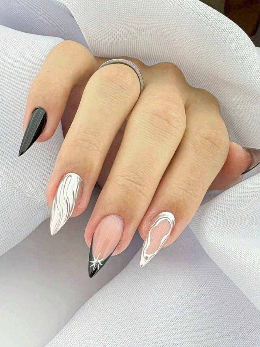 10片手工亚克力浮雕美甲贴片，短款杏仁形假指甲，可爱美甲设计，Y2K风格，法式美甲，黑银色指甲，手绘水波纹纹理和银色星星点缀，低调奢华，适合女性和女孩日常佩戴或出席活动，附赠美甲工具和用品。 - 黑色 - 查看 1