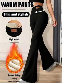 Valentine's Day Gifts Autumn Winter Fleece Lined Warm Flared Pants Women High Waist Elastic Micro Flare Trousers Fitness Yoga Thermal Pants Local Shipping - 黑色 - 查看 5