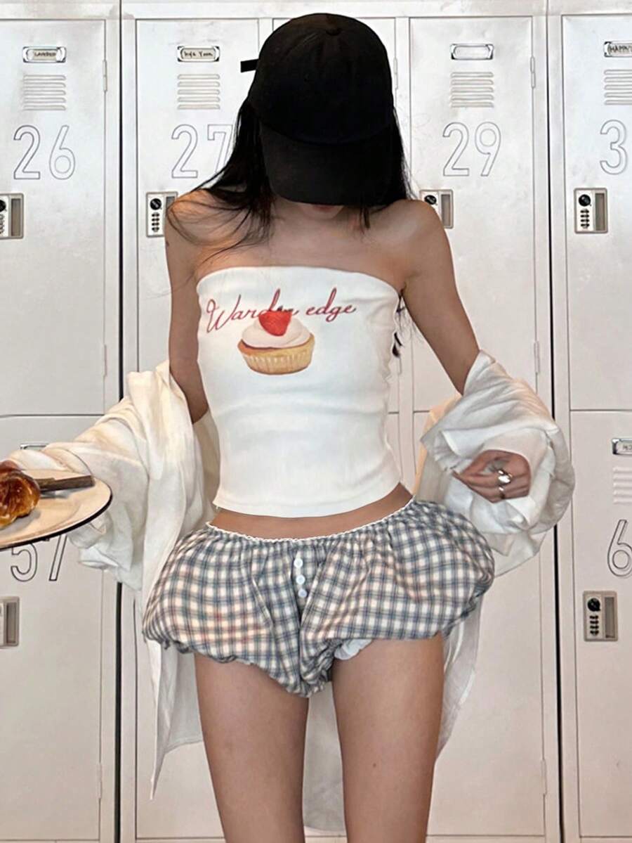 女士无肩带抹胸上衣，夏季新款蛋糕图案和字母印花，时尚休闲百搭露背修身短款上衣 - 白色 - 查看 1